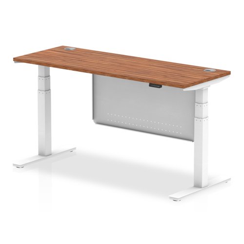 Air Modesty 1600 x 600mm Height Adjustable Office Desk Walnut Top Cable Ports White Leg With White Steel Modesty Panel