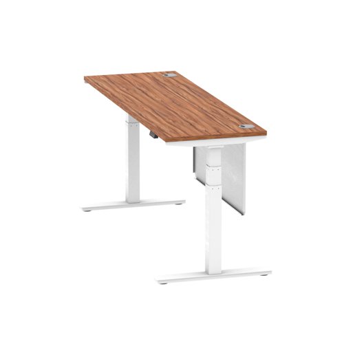 Air Modesty 1800 x 600mm Height Adjustable Office Desk Walnut Top Cable Ports White Leg With White Steel Modesty Panel