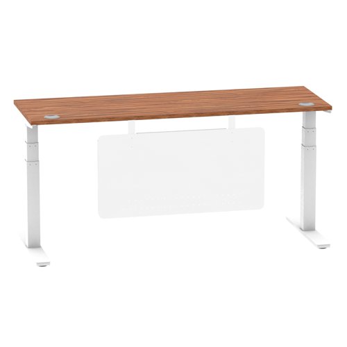 Air Modesty 1800 x 600mm Height Adjustable Office Desk Walnut Top Cable Ports White Leg With White Steel Modesty Panel