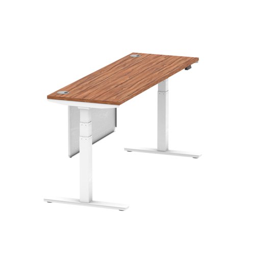 Air Modesty 1800 x 600mm Height Adjustable Office Desk Walnut Top Cable Ports White Leg With White Steel Modesty Panel