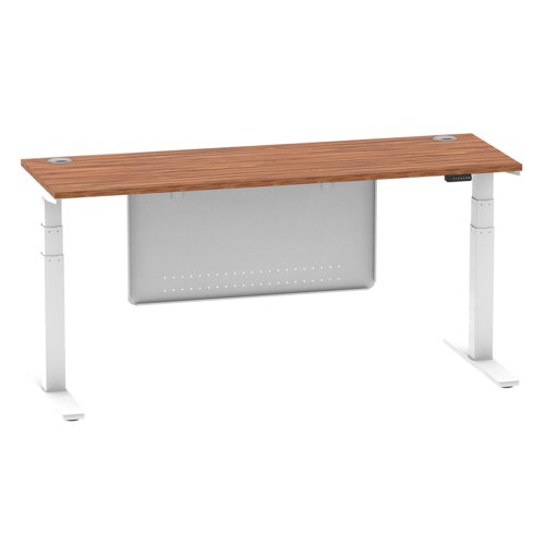 Air Modesty 1800 x 600mm Height Adjustable Office Desk Walnut Top Cable Ports White Leg With White Steel Modesty Panel