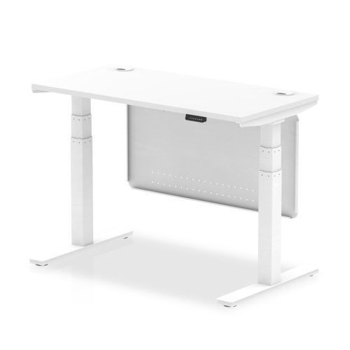 Air 1200 x 600mm Height Adjustable Desk White Top Cable Ports White Leg With White Steel Modesty Panel