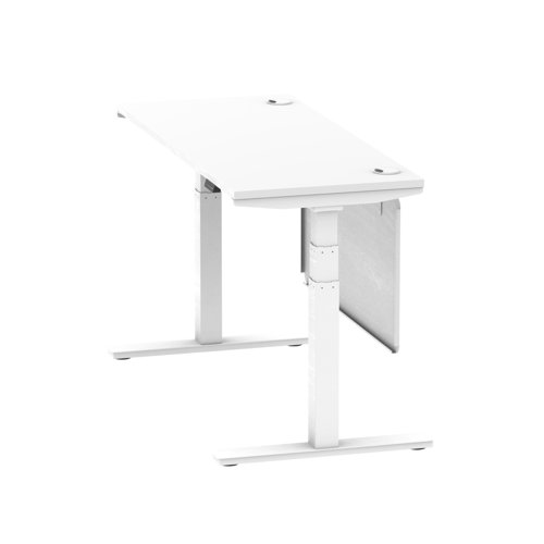 Air Modesty 1400 x 600mm Height Adjustable Office Desk White Top Cable Ports White Leg With White Steel Modesty Panel