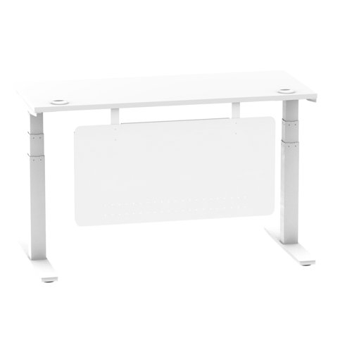 Air Modesty 1400 x 600mm Height Adjustable Office Desk White Top Cable Ports White Leg With White Steel Modesty Panel