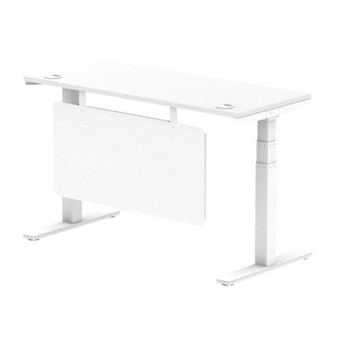 Air Modesty 1400 x 600mm Height Adjustable Office Desk White Top Cable Ports White Leg With White Steel Modesty Panel