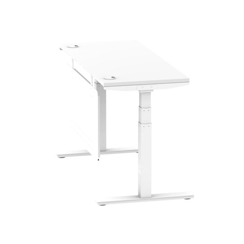 Air Modesty 1400 x 600mm Height Adjustable Office Desk White Top Cable Ports White Leg With White Steel Modesty Panel