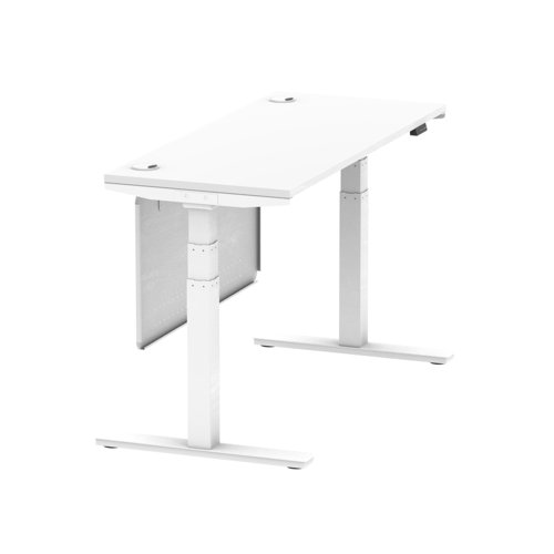 Air Modesty 1400 x 600mm Height Adjustable Office Desk White Top Cable Ports White Leg With White Steel Modesty Panel