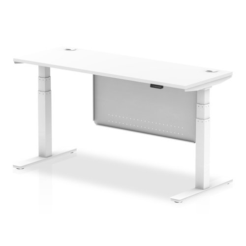 Air Modesty 1600 x 600mm Height Adjustable Office Desk White Top Cable Ports White Leg With White Steel Modesty Panel