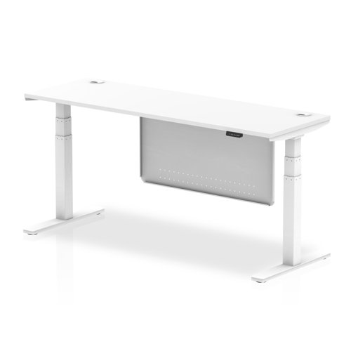 Air 1800 x 600mm Height Adjustable Desk White Top Cable Ports White Leg With White Steel Modesty Panel