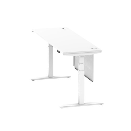 Air Modesty 1800 x 600mm Height Adjustable Office Desk White Top Cable Ports White Leg With White Steel Modesty Panel