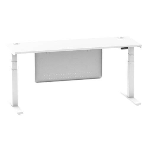 Air Modesty 1800 x 600mm Height Adjustable Office Desk White Top Cable Ports White Leg With White Steel Modesty Panel