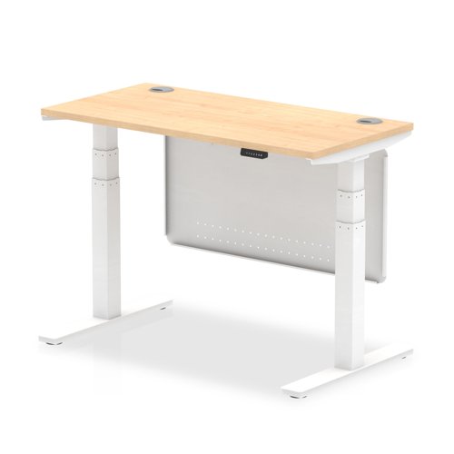 Air 1200 x 600mm Height Adjustable Desk Maple Top Cable Ports White Leg With White Steel Modesty Panel