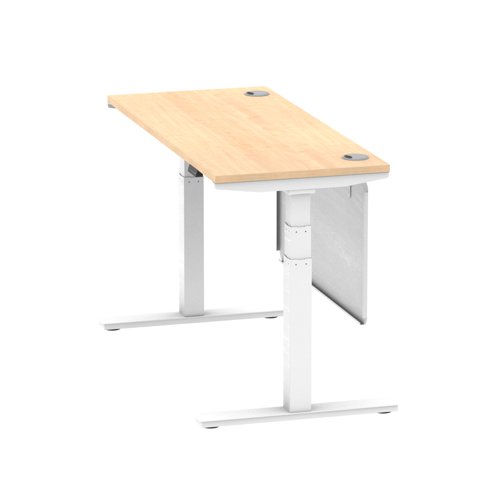 Air Modesty 1400 x 600mm Height Adjustable Office Desk Maple Top Cable Ports White Leg With White Steel Modesty Panel