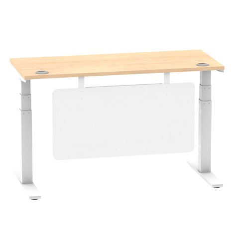 Air Modesty 1400 x 600mm Height Adjustable Office Desk Maple Top Cable Ports White Leg With White Steel Modesty Panel
