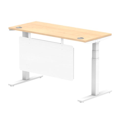 Air Modesty 1400 x 600mm Height Adjustable Office Desk Maple Top Cable Ports White Leg With White Steel Modesty Panel