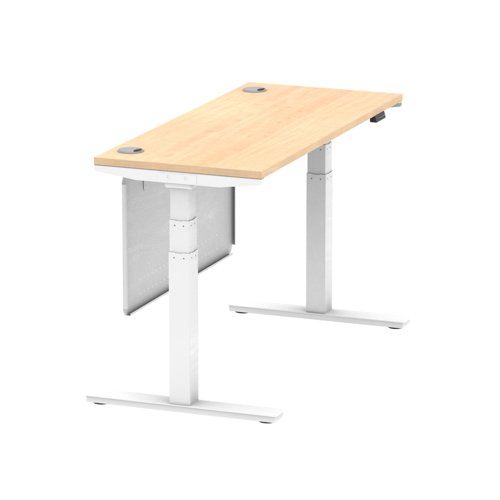 Air Modesty 1400 x 600mm Height Adjustable Office Desk Maple Top Cable Ports White Leg With White Steel Modesty Panel