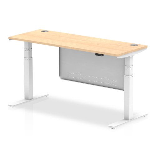 Air Modesty 1600 x 600mm Height Adjustable Office Desk Maple Top Cable Ports White Leg With White Steel Modesty Panel