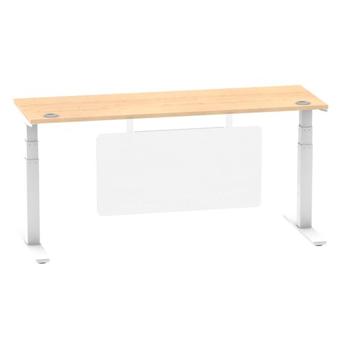 Air Modesty 1800 x 600mm Height Adjustable Office Desk Maple Top Cable Ports White Leg With White Steel Modesty Panel