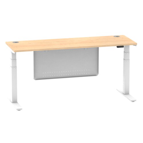 Air Modesty 1800 x 600mm Height Adjustable Office Desk Maple Top Cable Ports White Leg With White Steel Modesty Panel