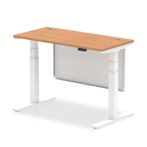 Air 1200 x 600mm Height Adjustable Desk Oak Top Cable Ports White Leg With White Steel Modesty Panel