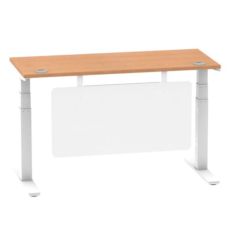 Air Modesty 1400 x 600mm Height Adjustable Office Desk Oak Top Cable Ports White Leg With White Steel Modesty Panel