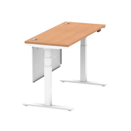 Air Modesty 1400 x 600mm Height Adjustable Office Desk Oak Top Cable Ports White Leg With White Steel Modesty Panel