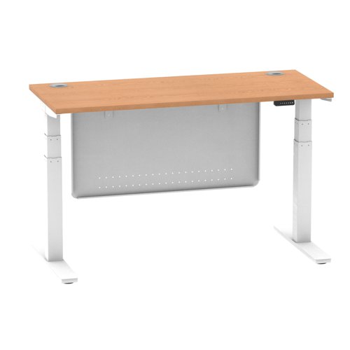 Air Modesty 1400 x 600mm Height Adjustable Office Desk Oak Top Cable Ports White Leg With White Steel Modesty Panel