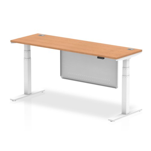 Air Modesty 1800 x 600mm Height Adjustable Office Desk Oak Top Cable Ports White Leg With White Steel Modesty Panel