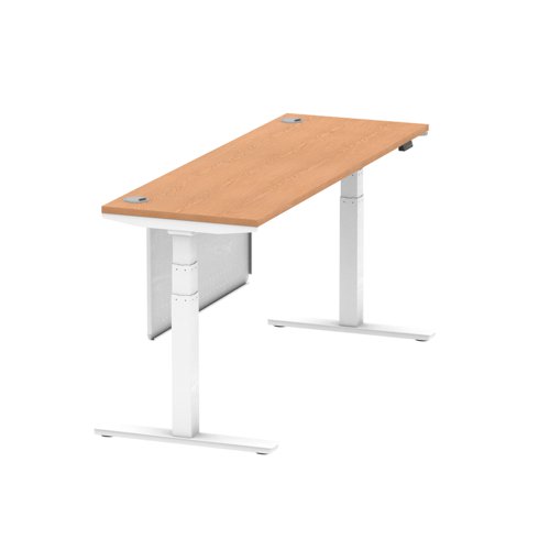 Air Modesty 1800 x 600mm Height Adjustable Office Desk Oak Top Cable Ports White Leg With White Steel Modesty Panel