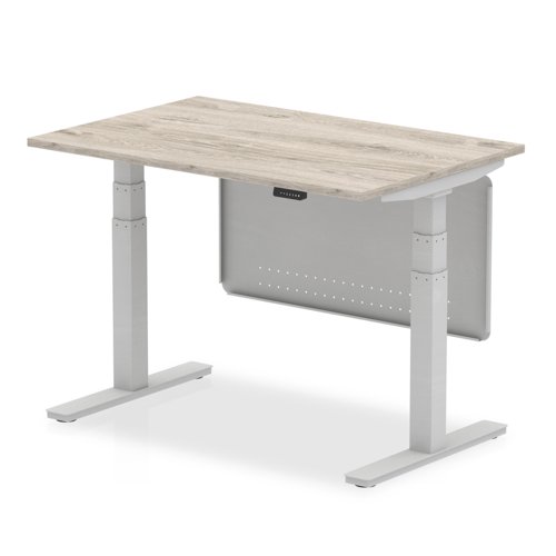 Air Modesty 1200 x 800mm Height Adjustable Office Desk Grey Oak Top Silver Leg With Silver Steel Modesty Panel