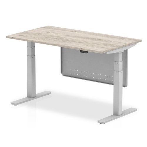 Air Modesty 1400 x 800mm Height Adjustable Office Desk Grey Oak Top Silver Leg With Silver Steel Modesty Panel