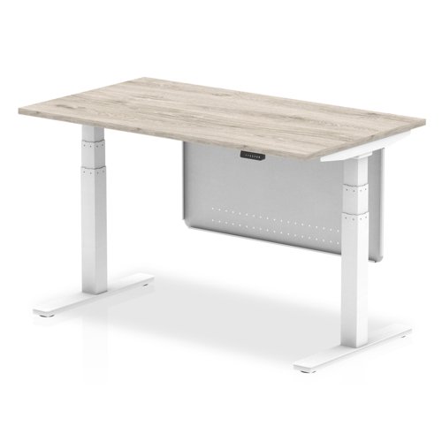 Air Modesty 1400 x 800mm Height Adjustable Office Desk Grey Oak Top White Leg With White Steel Modesty Panel