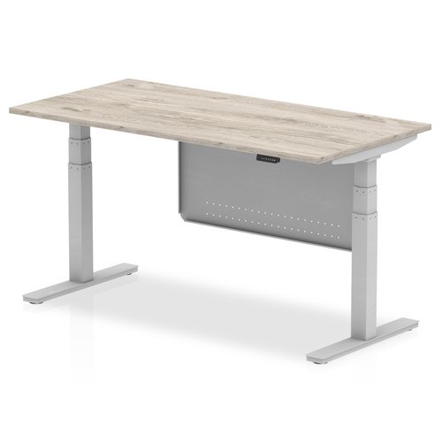 Air Modesty 1600 x 800mm Height Adjustable Office Desk Grey Oak Top Silver Leg With Silver Steel Modesty Panel