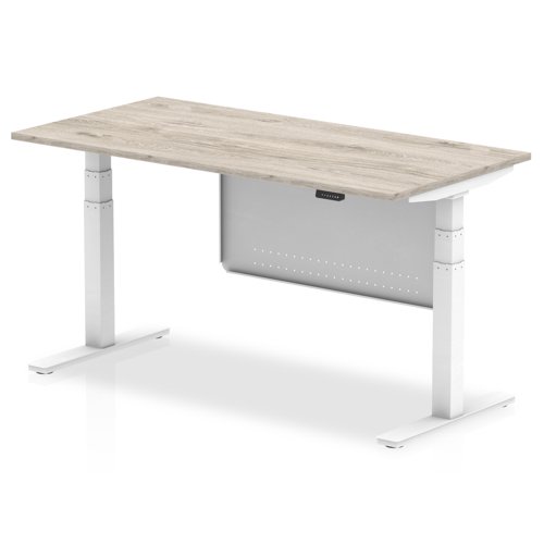 Air Modesty 1600 x 800mm Height Adjustable Office Desk Grey Oak Top White Leg With White Steel Modesty Panel