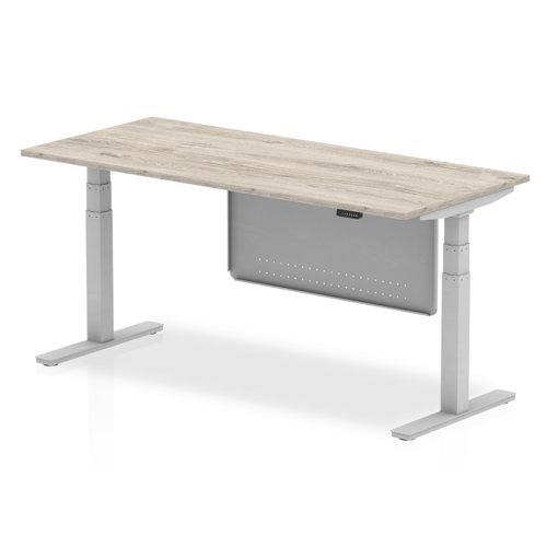 Air Modesty 1800 x 800mm Height Adjustable Office Desk Grey Oak Top Silver Leg With Silver Steel Modesty Panel