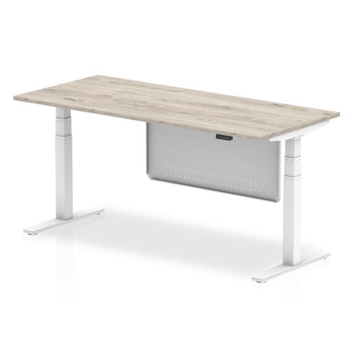 Air Modesty 1800 x 800mm Height Adjustable Office Desk Grey Oak Top White Leg With White Steel Modesty Panel