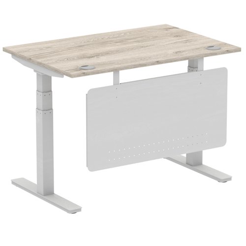 Air Modesty 1200 x 800mm Height Adjustable Office Desk With Cable Ports Grey Oak Finish Silver Frame With Silver Steel Modesty Panel - HA01409