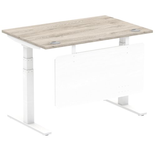Air Modesty 1200 x 800mm Height Adjustable Office Desk Grey Oak Top Cable Ports White Leg With White Steel Modesty Panel