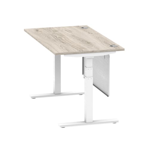 Air Modesty 1400 x 800mm Height Adjustable Office Desk Grey Oak Top Cable Ports White Leg With White Steel Modesty Panel