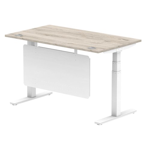 Air Modesty 1400 x 800mm Height Adjustable Office Desk Grey Oak Top Cable Ports White Leg With White Steel Modesty Panel