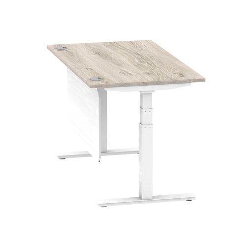 Air Modesty 1400 x 800mm Height Adjustable Office Desk Grey Oak Top Cable Ports White Leg With White Steel Modesty Panel