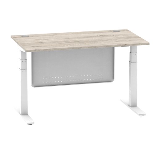Air Modesty 1400 x 800mm Height Adjustable Office Desk Grey Oak Top Cable Ports White Leg With White Steel Modesty Panel