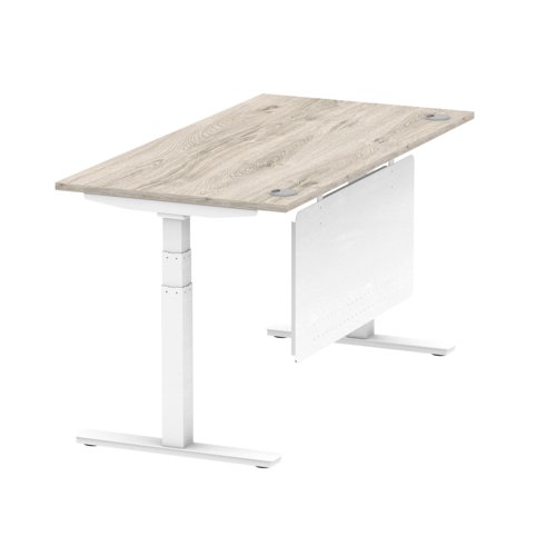 Air Modesty 1600 x 800mm Height Adjustable Office Desk Grey Oak Top Cable Ports White Leg With White Steel Modesty Panel