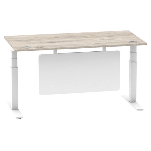 Air Modesty 1600 x 800mm Height Adjustable Office Desk Grey Oak Top Cable Ports White Leg With White Steel Modesty Panel