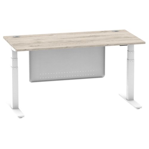 Air Modesty 1600 x 800mm Height Adjustable Office Desk Grey Oak Top Cable Ports White Leg With White Steel Modesty Panel