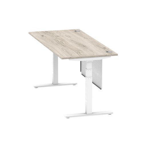 Air Modesty 1800 x 800mm Height Adjustable Office Desk Grey Oak Top Cable Ports White Leg With White Steel Modesty Panel