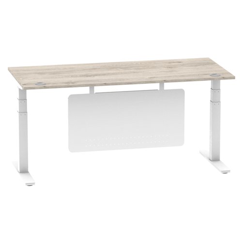 Air Modesty 1800 x 800mm Height Adjustable Office Desk Grey Oak Top Cable Ports White Leg With White Steel Modesty Panel