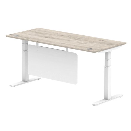 Air Modesty 1800 x 800mm Height Adjustable Office Desk Grey Oak Top Cable Ports White Leg With White Steel Modesty Panel