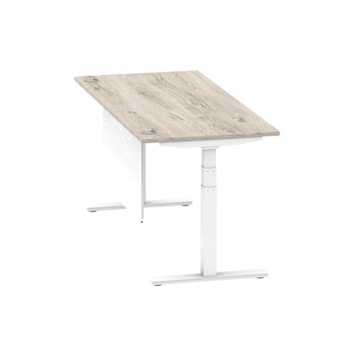 Air Modesty 1800 x 800mm Height Adjustable Office Desk Grey Oak Top Cable Ports White Leg With White Steel Modesty Panel