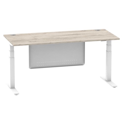 Air Modesty 1800 x 800mm Height Adjustable Office Desk Grey Oak Top Cable Ports White Leg With White Steel Modesty Panel